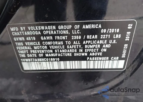 2017 Volkswagen Passat 1.8T Se z USA, uszkodzony, nr VIN 1VWBT7A35HC018910
